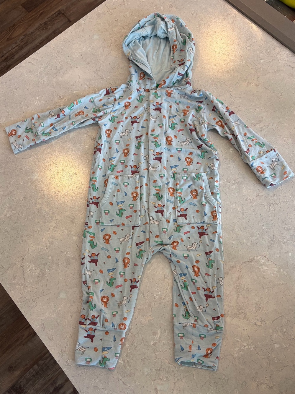 Magnetic Me Light Blue Hooded Bodysuit with Animal Print